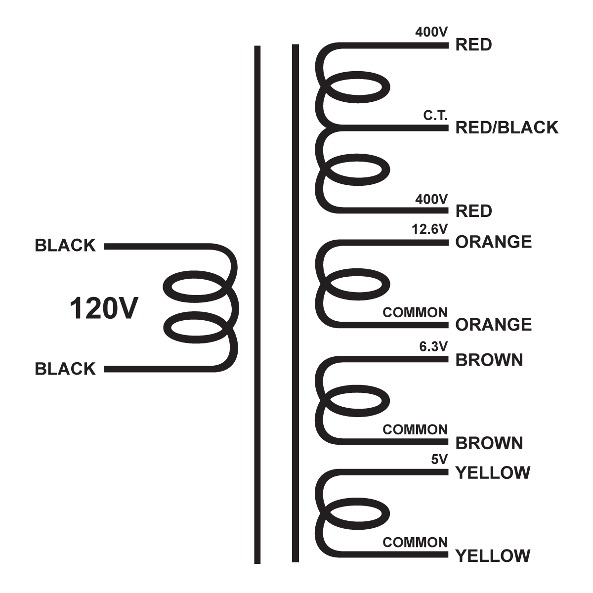 EDCOR Tube Power Transformer XPWR032-120 - 800V@150mA CT, 12.6V@600mA, 6.3V@4A, & 5V@3A - 120V, 60Hz. Schematic