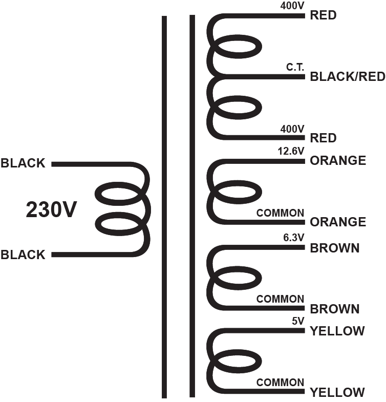 EDCOR Tube Power Transformer XPWR032-230 - 800V@150mA CT, 12.6V@600mA, 6.3V@4A, & 5V@3A - 230V, 50/60Hz. Schematic