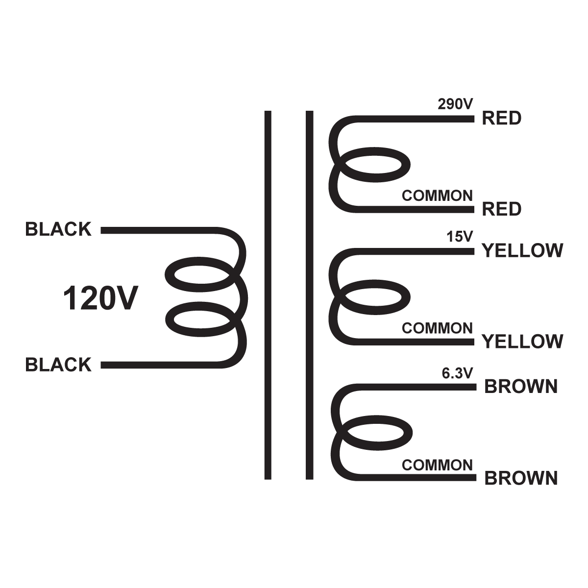 EDCOR Tube Power Transformer XPWR034-120 - 290V@150mA, 15V@2A, & 6.3V@2A - 120V, 60Hz. Schematic