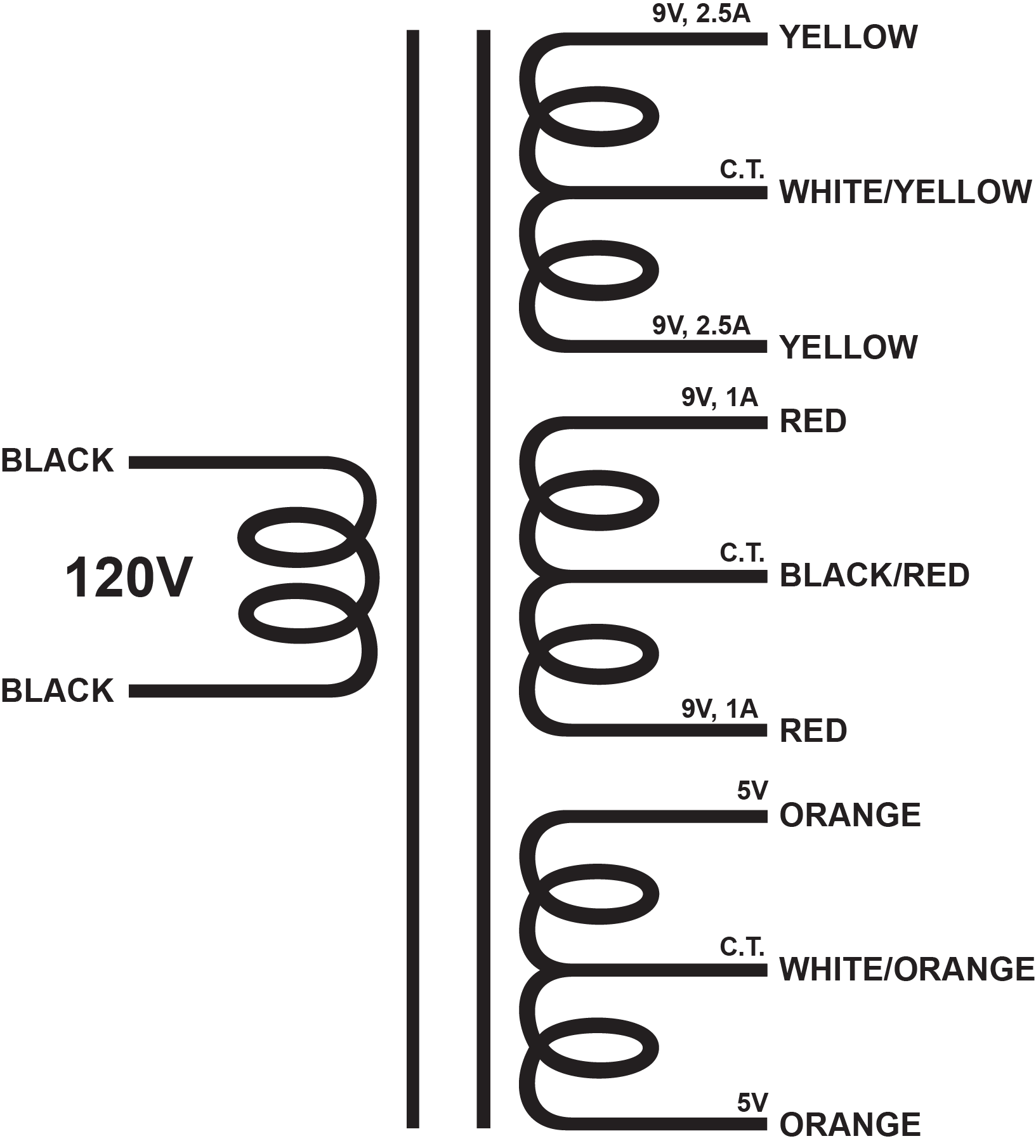 EDCOR Tube Power Transformer XPWR042-120 - 18V@2.5A CT, 18V@1A CT, & 10V@3.5A CT - 120V, 60Hz. Schematic