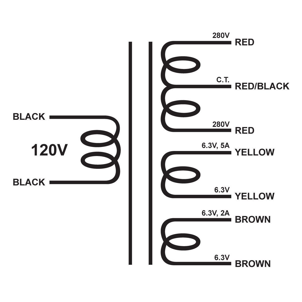 EDCOR Tube Power Transformer XPWR044-120 - 560V@150mA CT, 6.3V@5A, & 6.3V@2A - 120V, 60Hz. Schematic