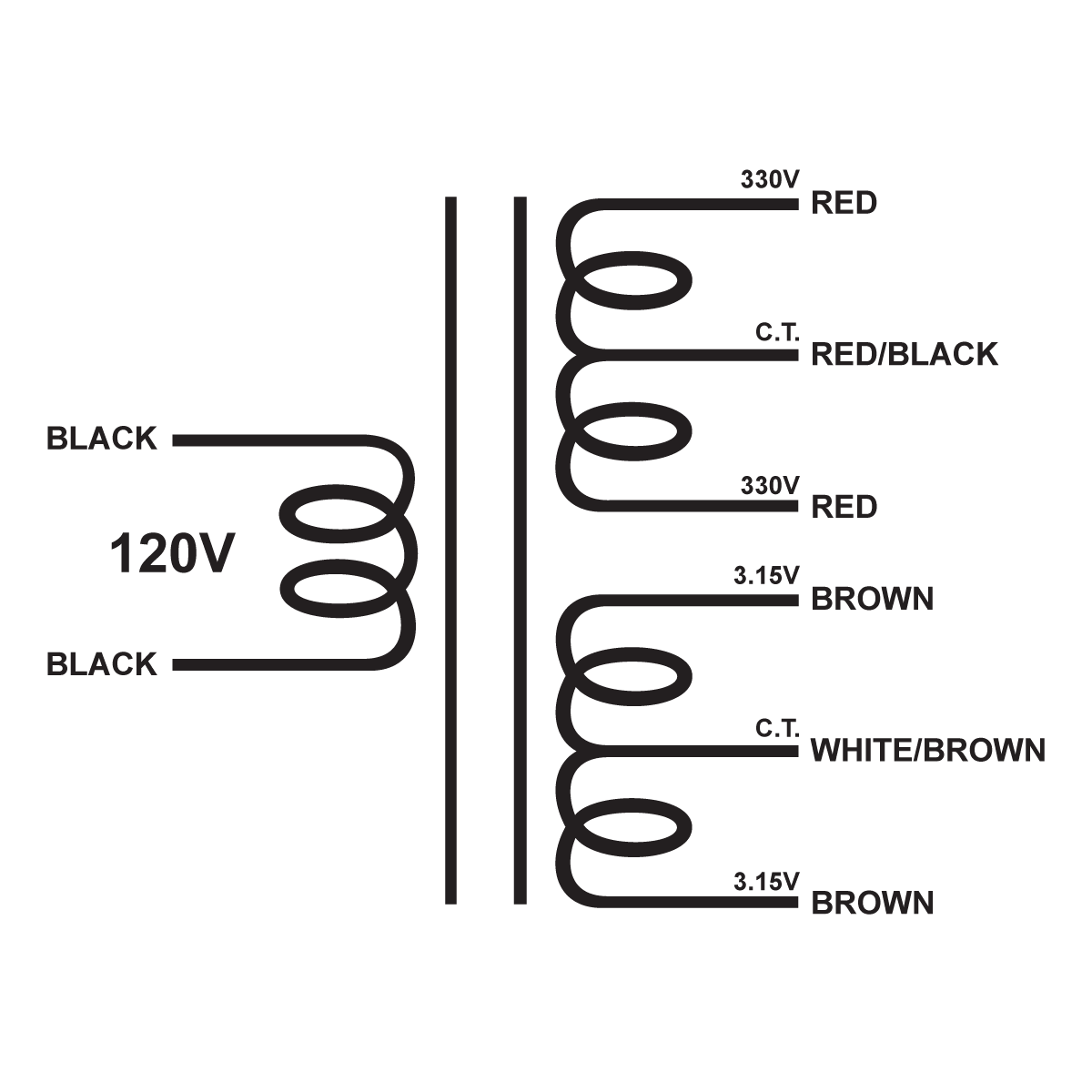 EDCOR Tube Power Transformer XPWR051-120 - 660V@125mA CT & 6.3V@4A CT - 120V, 60Hz. Schematic