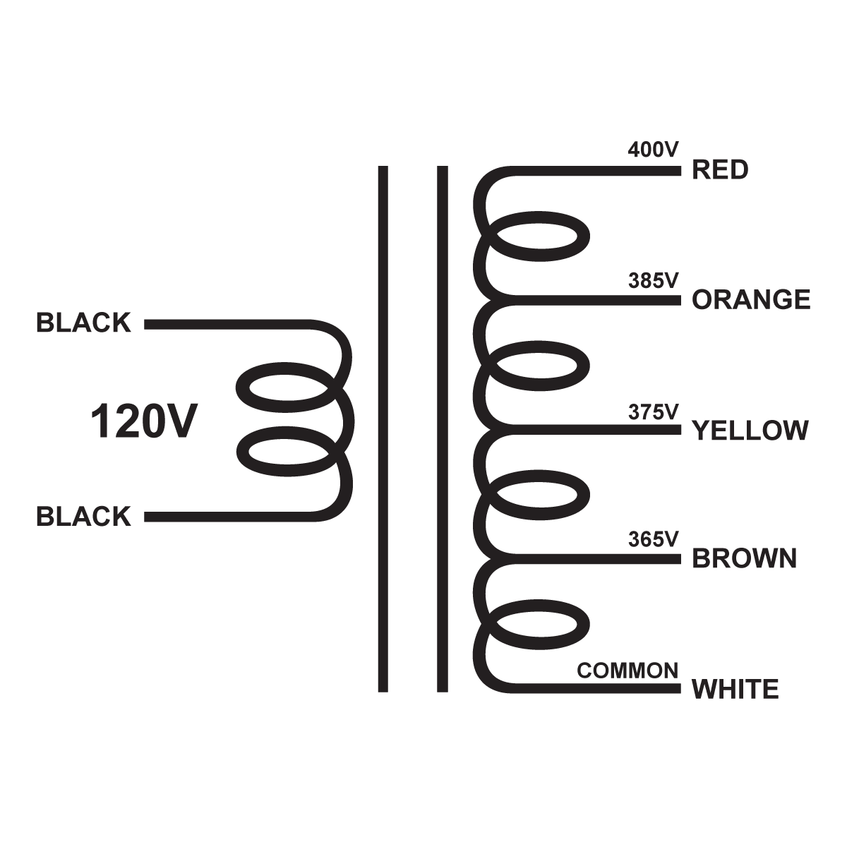 EDCOR Tube Power Transformer XPWR052-120 - 400V/385V/375V/365V@400mA - 120V, 60Hz Schematic
