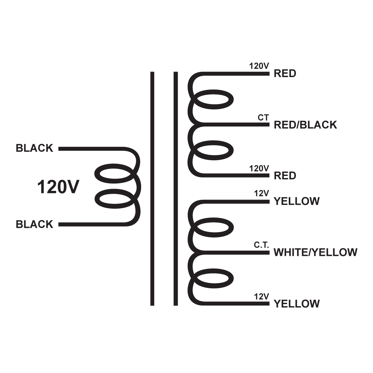 EDCOR Tube Power Transformer XPWR054-120 - 240V@100mA CT & 24V@2A CT - 120V, 60Hz. Schematic