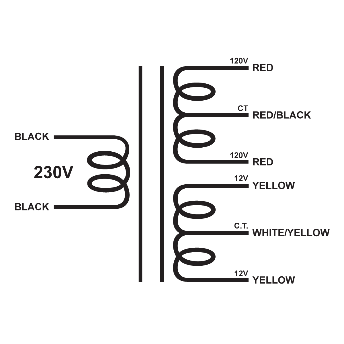 EDCOR Tube Power Transformer XPWR054-230 - 240V@100mA CT & 24V@2A CT - 230V, 50/60Hz. Schematic