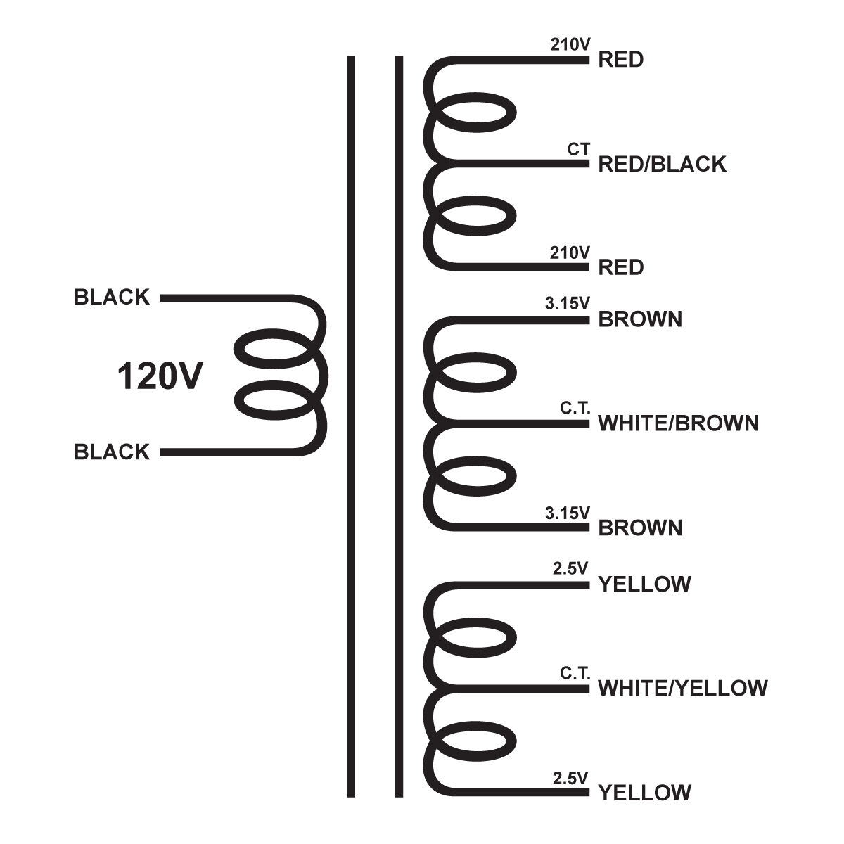 EDCOR Tube Power Transformer XPWR057-120 - 420V@120mA CT, 6.3V@4A CT, & 5V@3A CT - 120V, 60Hz. Schematic
