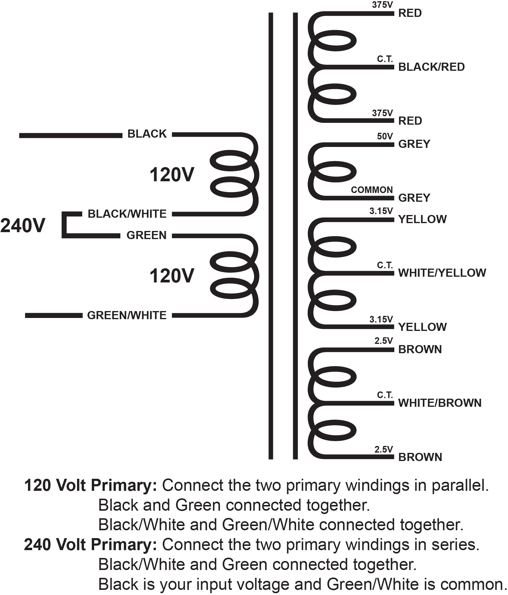 EDCOR Tube Power Transformer XPWR059-120/240 - 750V@175mA CT, 50V@50mA, 6.3V@6A CT, & 5V@3A CT - 120V/240V, 50/60Hz. Schematic