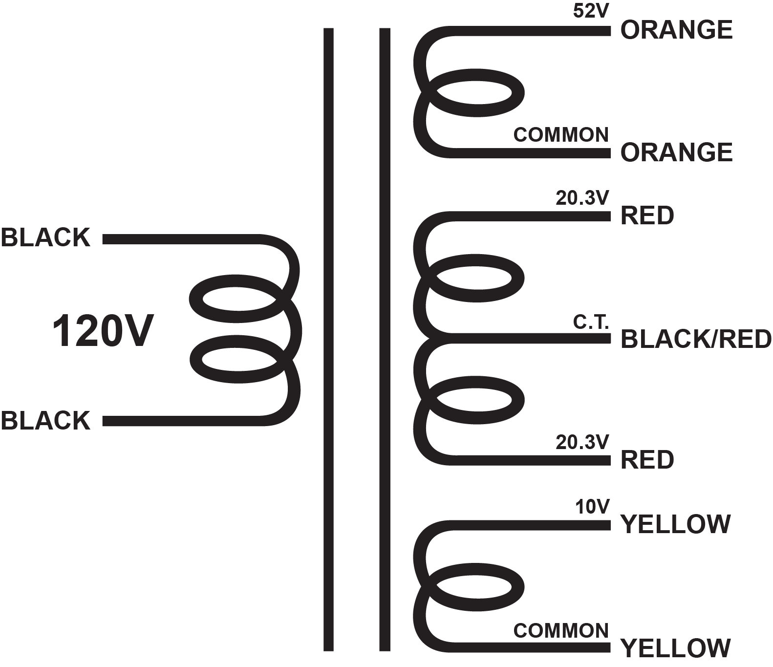 EDCOR Tube Power Transformer XPWR069-120 - 52V@26mA, 40.6V@875mA CT, & 10V@360mA - 120V, 60Hz. Schematic