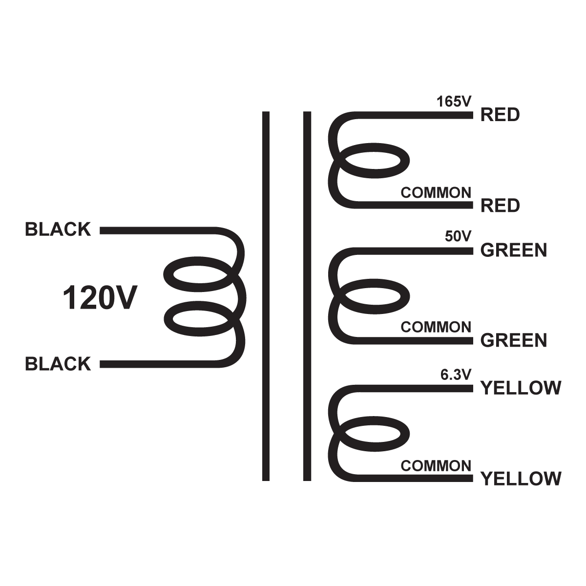 EDCOR Tube Power Transformer XPWR070-120 - 165V@1A, 50V@100mA & 6.3V@6A - 120V, 60Hz. Schematic