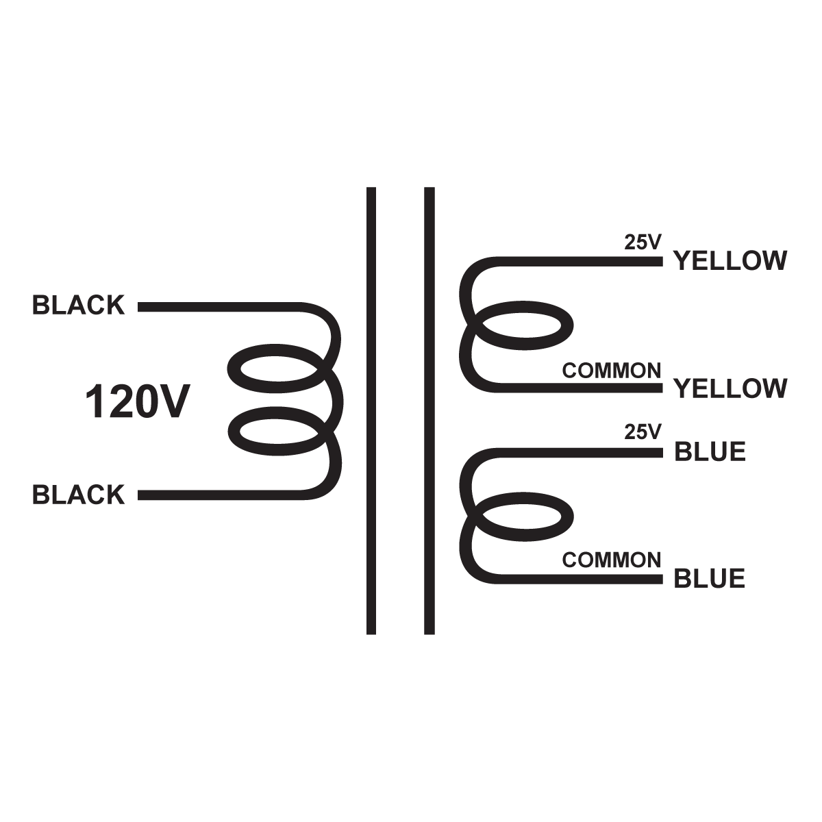 EDCOR Tube Power Transformer XPWR075-120 - 25V@500mA & 25V@500mA - 120V, 60Hz. Schematic
