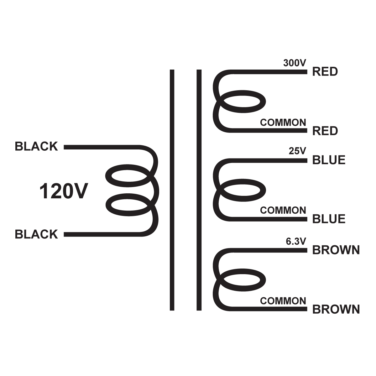 EDCOR Tube Power Transformer XPWR076-120 - 300V@40mA, 25V@500mA, & 6.3V@2A - 120V, 60Hz. Schematic