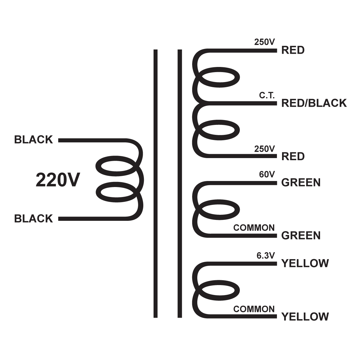 EDCOR Tube Power Transformer XPWR078-120 - 500V@400mA CT, 60V@50mA & 6.3V@7A - 220V, 50/60Hz. Schematic