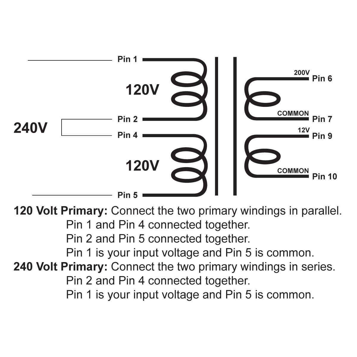 EDCOR Tube Power Transformer XPWR080-120/240 - 200V@10mA & 12V@1A - 120V/240V, 50/60Hz. Schematic