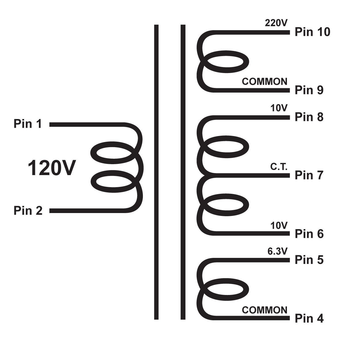 EDCOR Tube Power Transformer XPWR082-120 - 220V@20mA, 20V@150mA CT, & 6.3V@300mA - 120V, 60Hz. Schematic