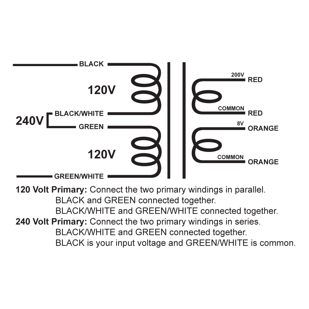 EDCOR Tube Power Transformer XPWR083EB-120/240 - 200V@40mA & 8V@1.5A - 120V/240V, 50/60Hz. Schematic