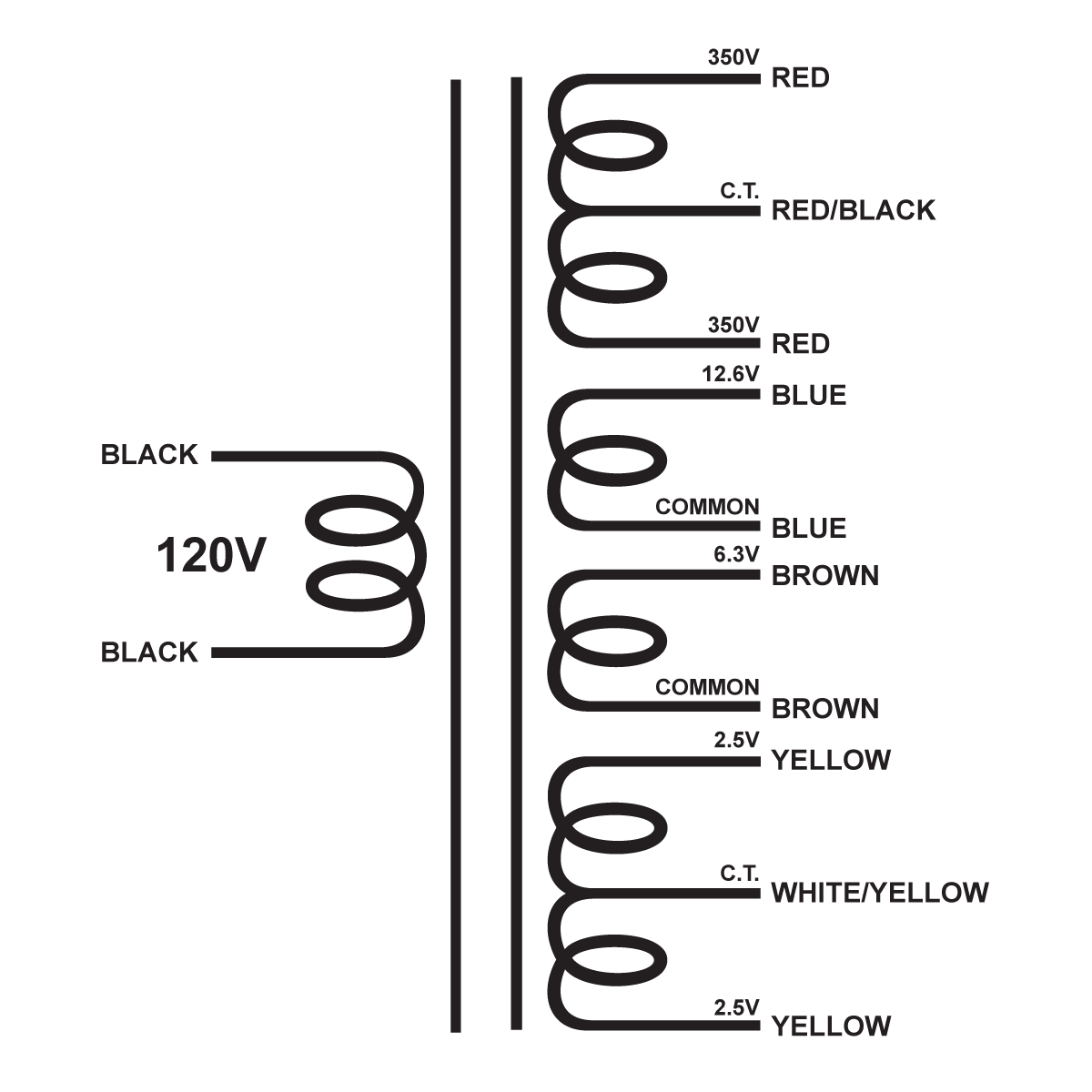 EDCOR Tube Power Transformer XPWR086-120 - 700V@200mA CT, 12.6V@3A, 6.3V@3A, & 5V@3A CT - 120V, 60Hz. Schematic