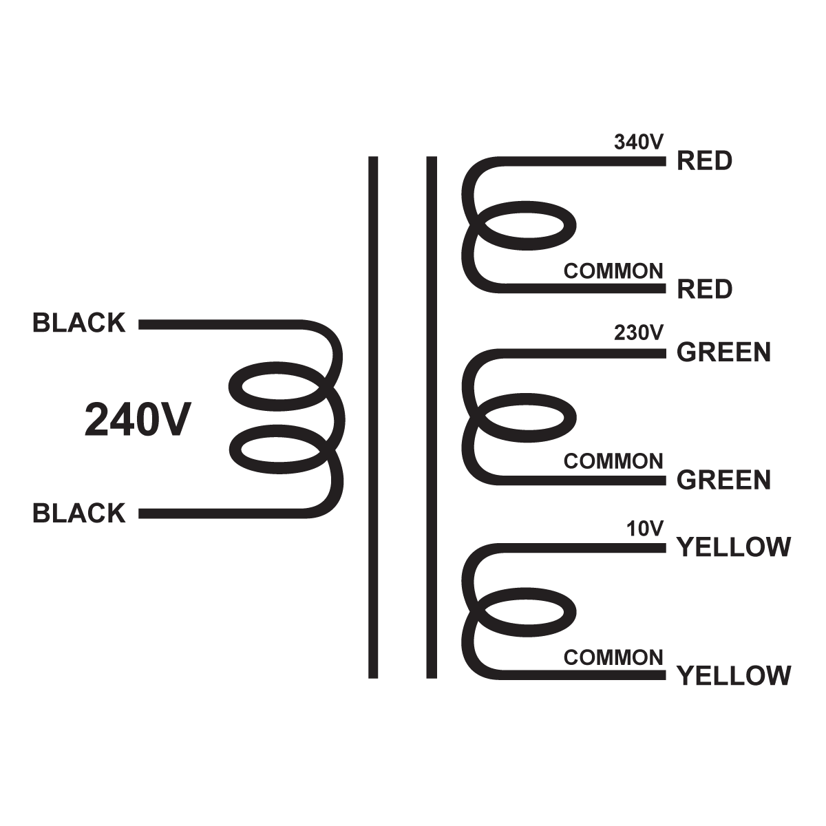 EDCOR Tube Power Transformer XPWR087-240 - 340V@400mA, 230V@200mA, & 10V@5A - 240V, 50/60Hz. Schematic