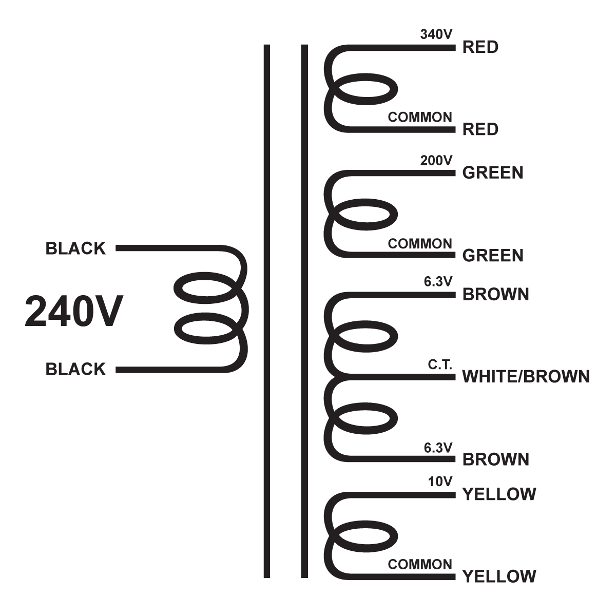 EDCOR Tube Power Transformer XPWR088-120 - 340V@400mA, 200V@200mA, 12.6@5A CT, & 10V@5A - 120V, 60Hz. Schematic