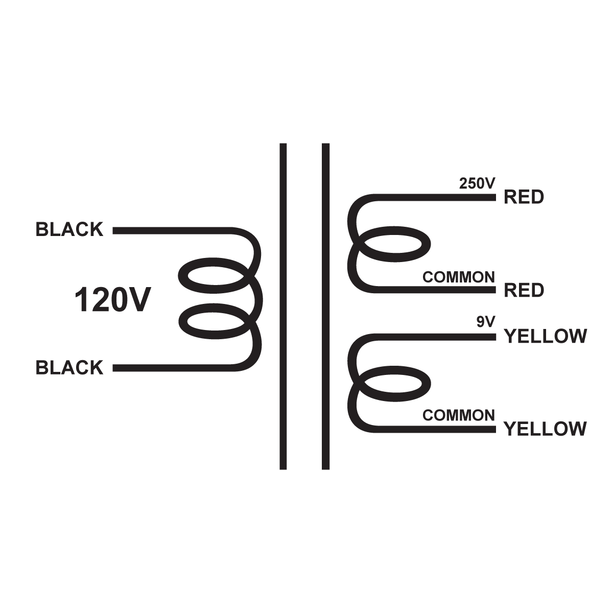 EDCOR Tube Power Transformer XPWR091-120 - 250V@100mA & 9V@2A - 120V, 60Hz. Schematic