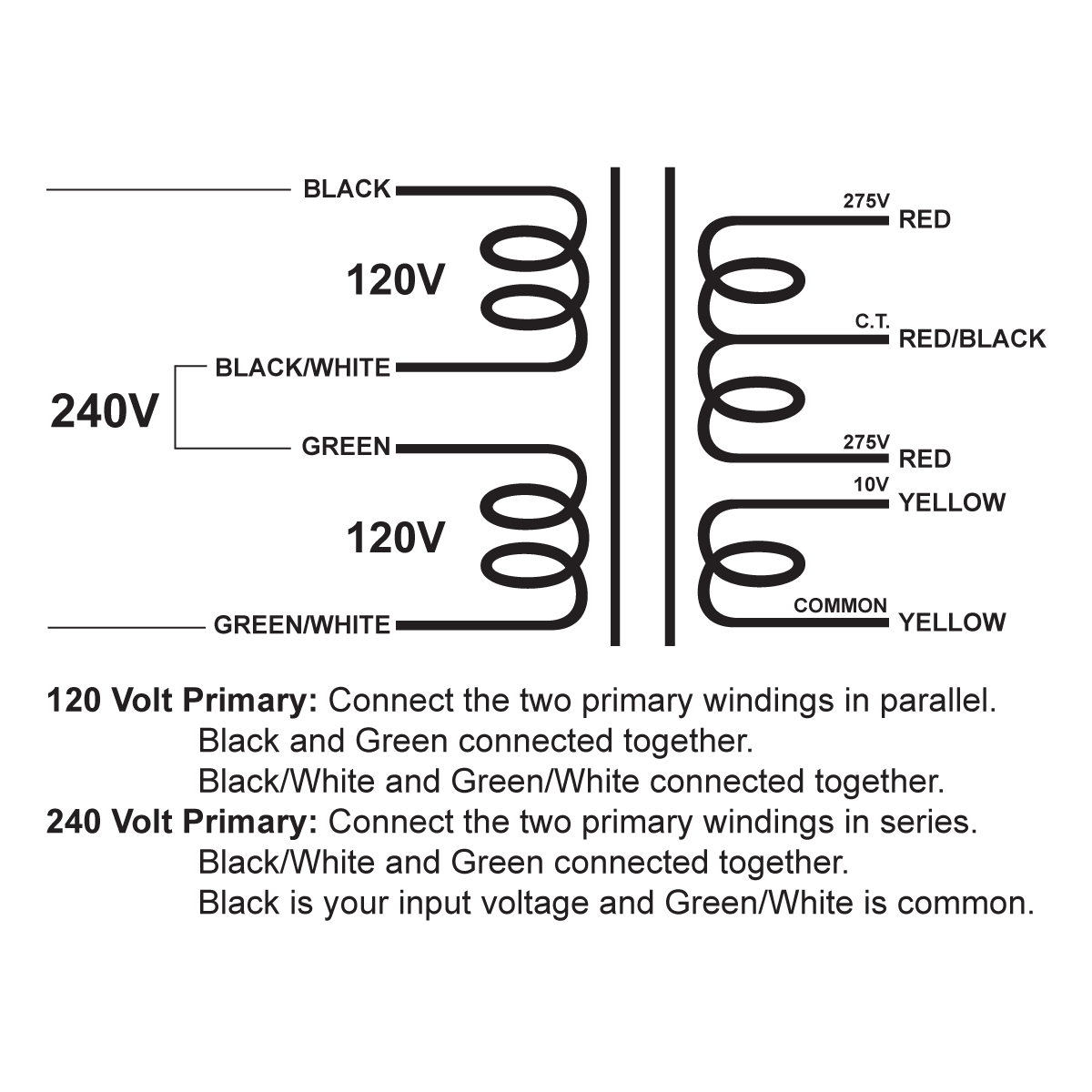 EDCOR Tube Power Transformer XPWR097-120/240 - 550V@125mA CT & 10V@3A - 120V/240V, 50/60Hz. Schematic