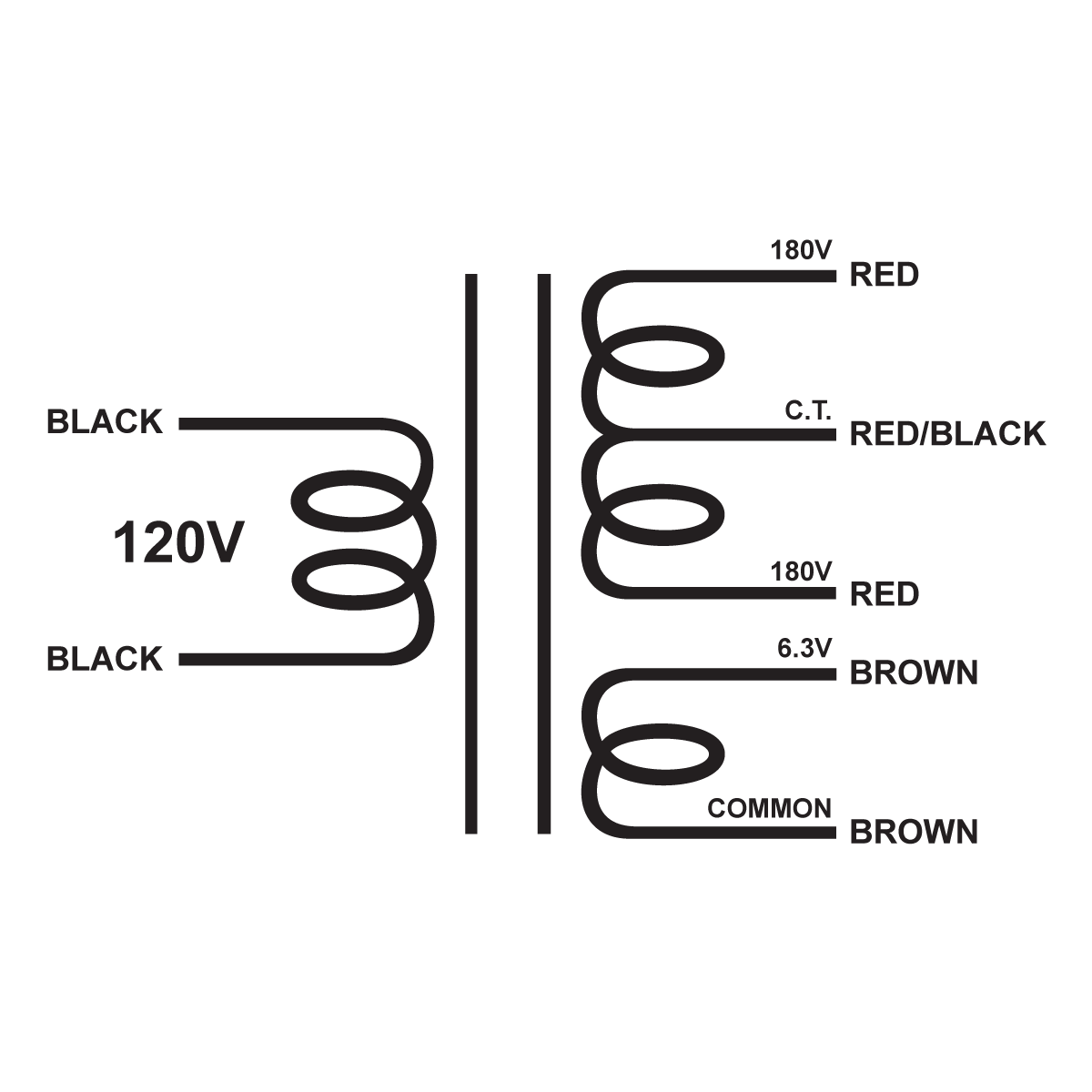 EDCOR Tube Power Transformer XPWR105-120 - 360V@250mA CT & 6.3V@3A. - 120V, 60Hz. Schematic