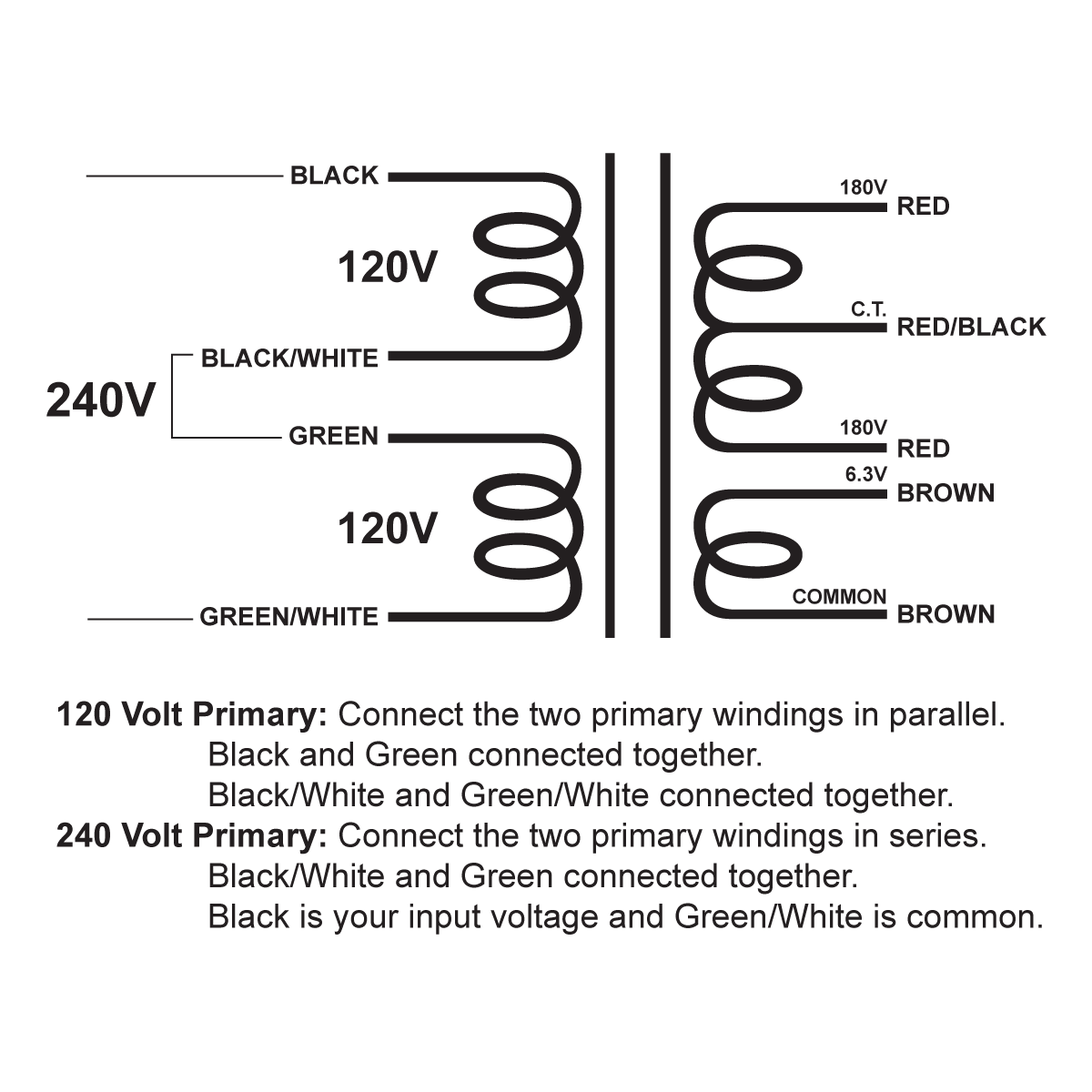 EDCOR Tube Power Transformer XPWR105-120/240 - 360V@250mA CT & 6.3V@3A - 120V/240V, 50/60Hz. Schematic