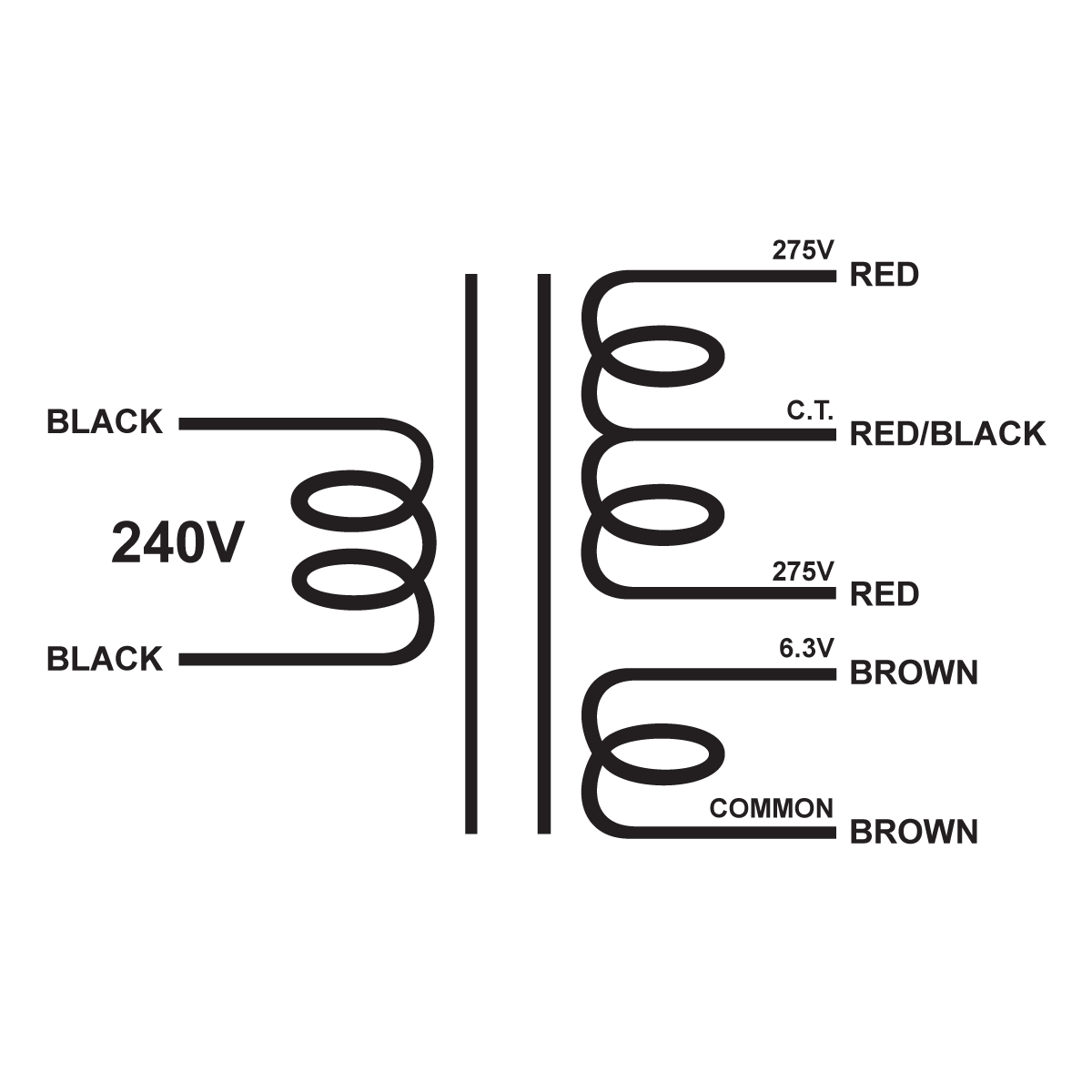 EDCOR Tube Power Transformer XPWR106-240 - 550V@125mA CT & 6.3V@4A - 240V, 50/60Hz. Schematic
