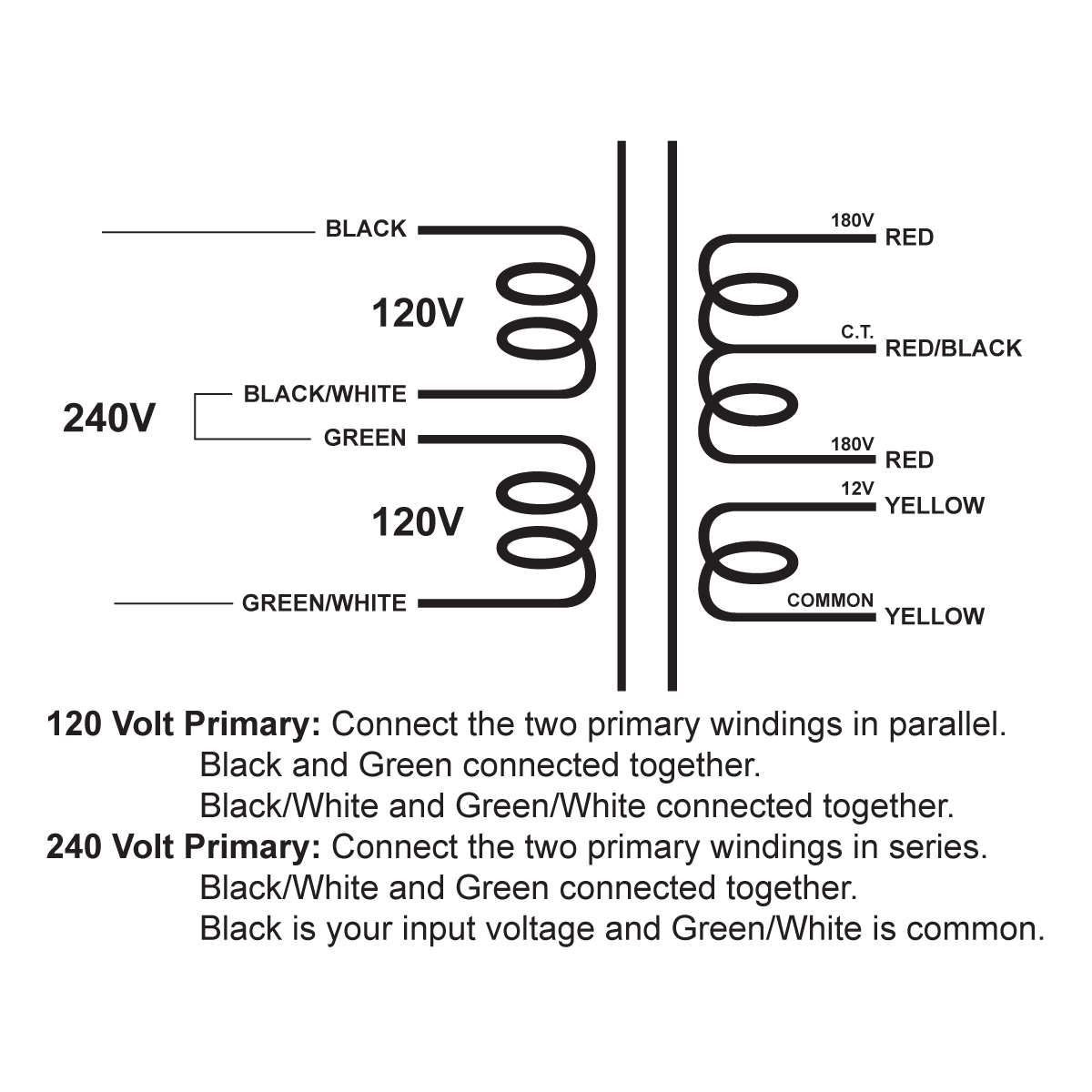EDCOR Tube Power Transformer XPWR117-120/240 - 360V@500mA CT & 12V@6A - 120V/240V, 50/60Hz. Schematic
