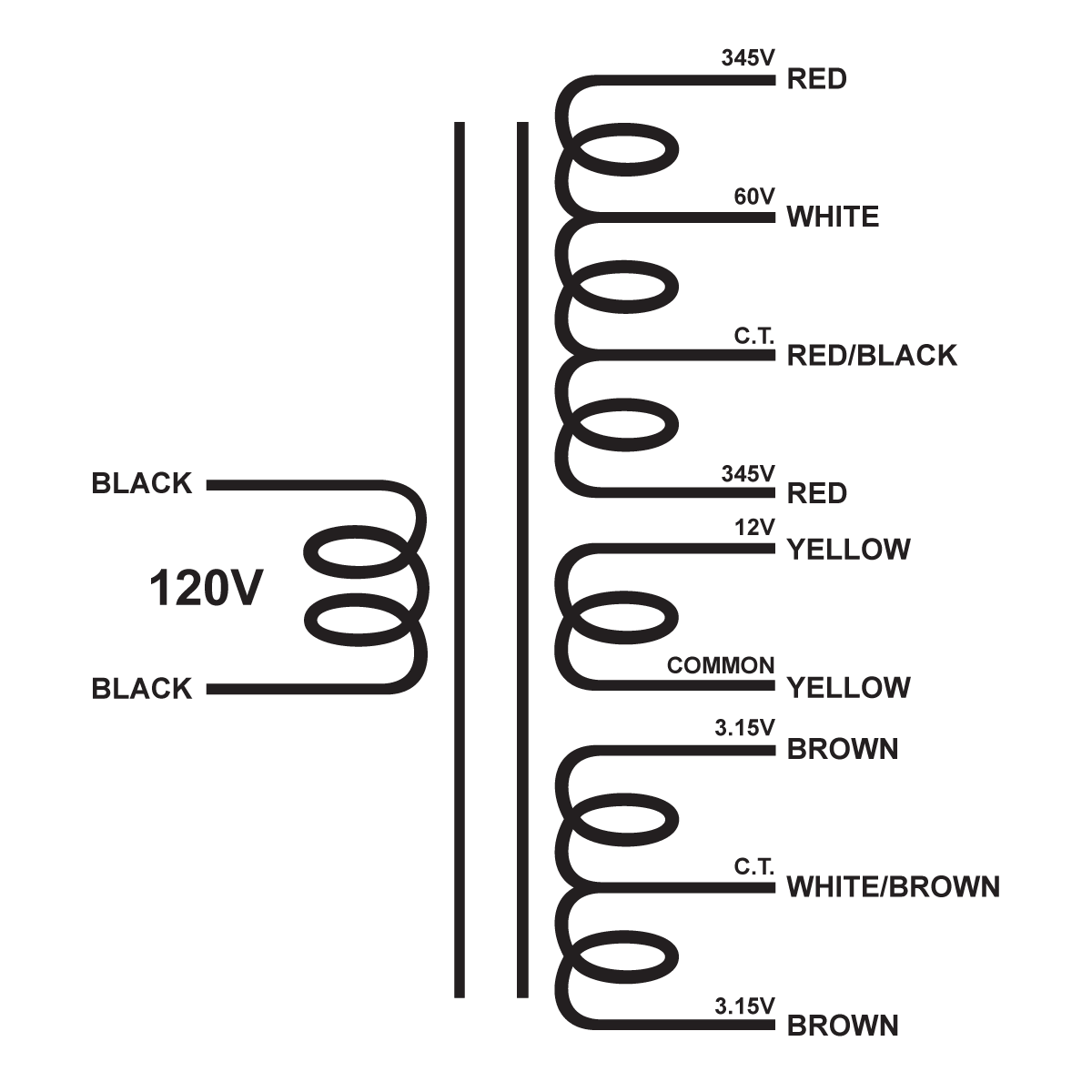 EDCOR Tube Power Transformer XPWR127-120 - 690V@400mA CT w/60V bias, 12V@500mA, 6.3V@7.5A CT - 120V, 60Hz. Schematic
