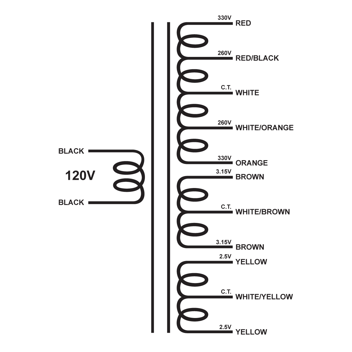 EDCOR Tube Power Transformer XPWR131 -120 - 660V/520V@175mA CT, 6.3V@4A CT, & 5V@3A CT - 120V, 60Hz. Schematic