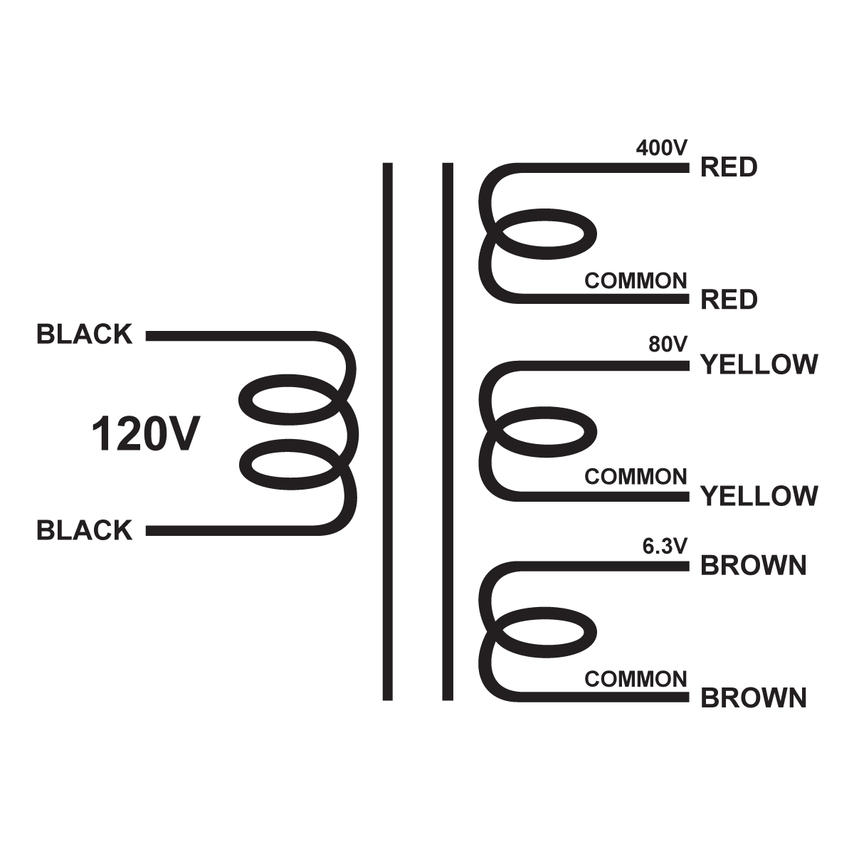EDCOR Tube Power Transformer XPWR133-120 - 400V@250mA, 80V@250mA & 6.3V@6A - 120V, 60Hz. Schematic
