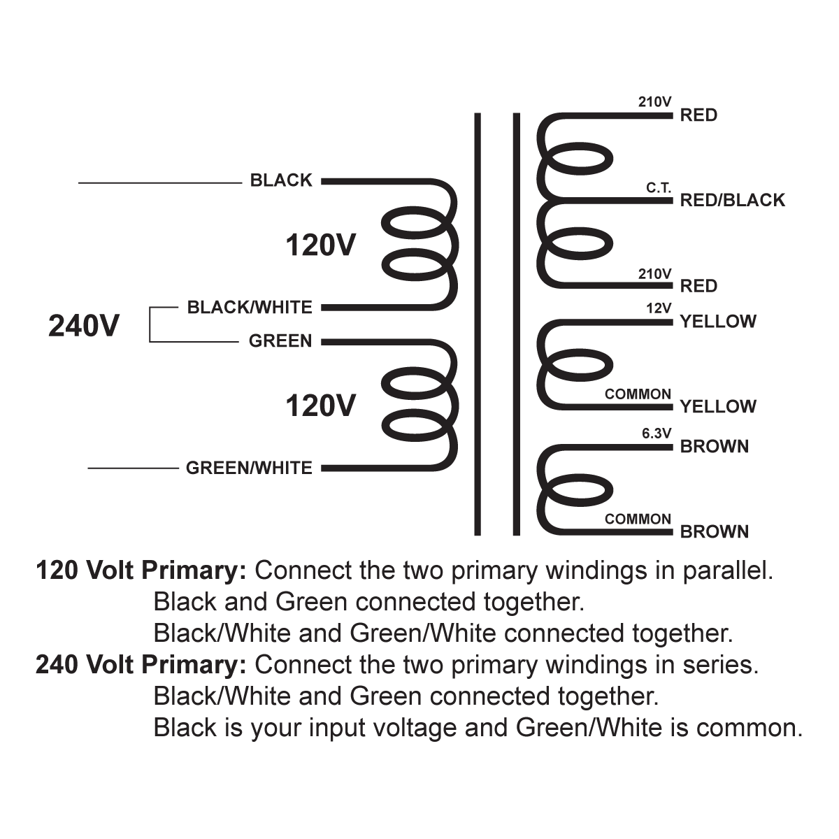 EDCOR Tube Power Transformer XPWR147-120/240 - 420V@80mA CT, 12V@2A, & 6.3V@3A - 120V/240V, 50/60Hz. Schematic