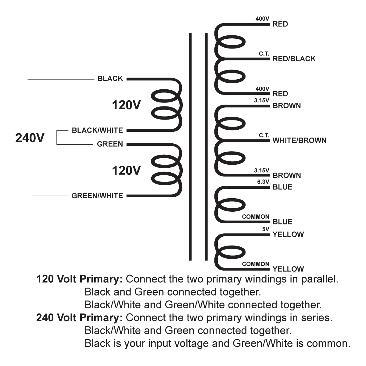EDCOR Tube Power Transformer XPWR149-120/240 - 800V@250mA CT, 6.3V@1.2A CT, 6.3V@5A, & 5V@3A - 120V/240V, 50/60Hz. Schematic