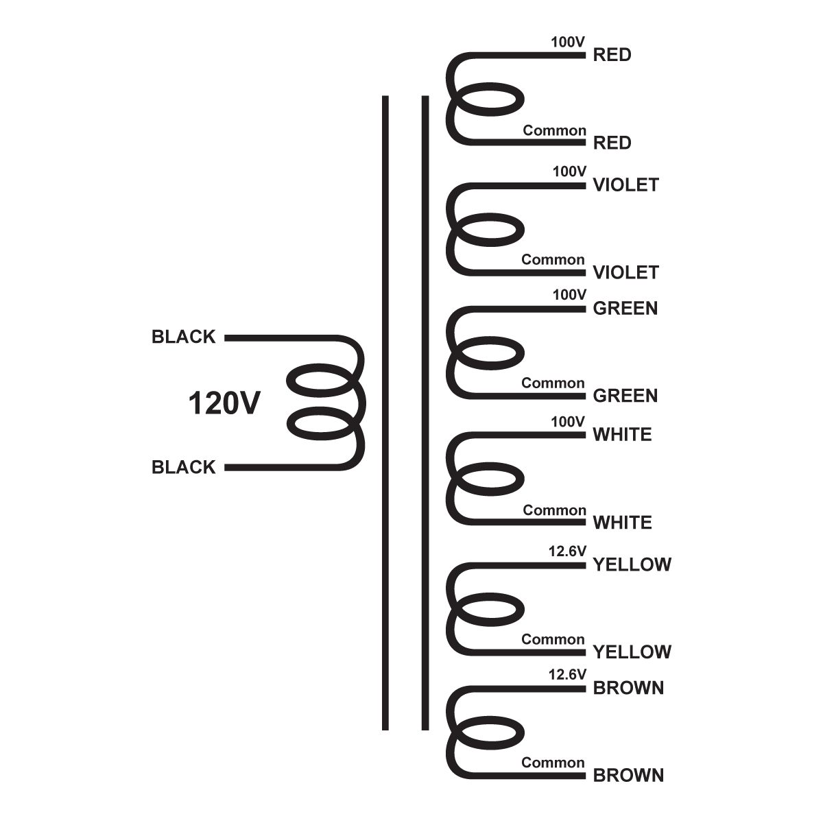 EDCOR Tube Power Transformer XPWR159-120 - 100V@20mA, 100V@20mA, 100V@20mA, 100V@20mA, 12.6V@7A, & 12.6V@7A - 120V, 60Hz. Schematic