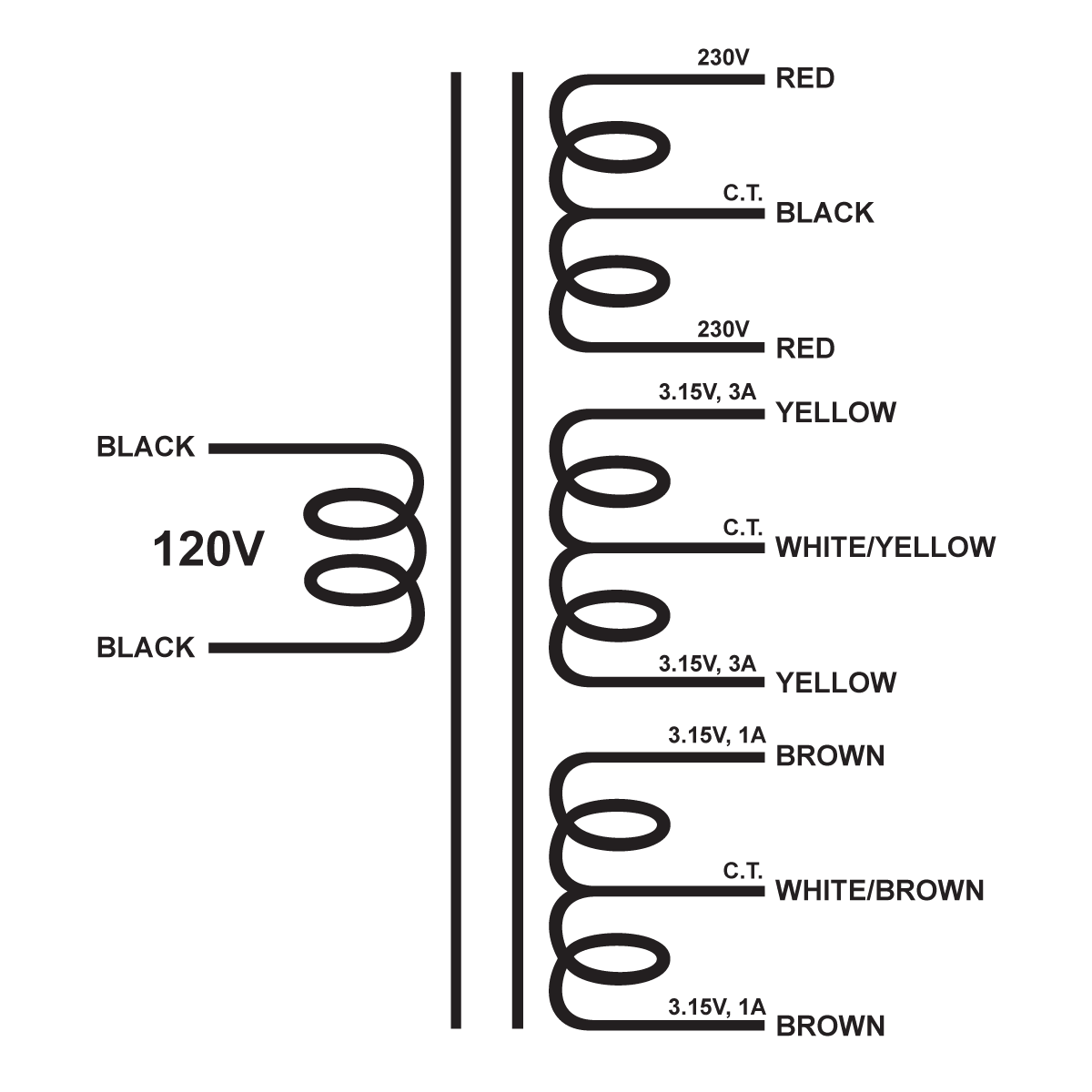 EDCOR Tube Power Transformer XPWR164-120 - 460V@60mA CT, 6.3V@3A CT, & 6.3V@1A CT - 120V, 60Hz. Schematic