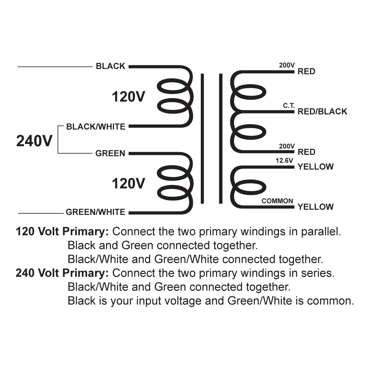 EDCOR Tube Power Transformer XPWR165-120/240 - 400V@50mA CT & 12.6V@2A - 120V/240V, 50/60Hz. Schematic