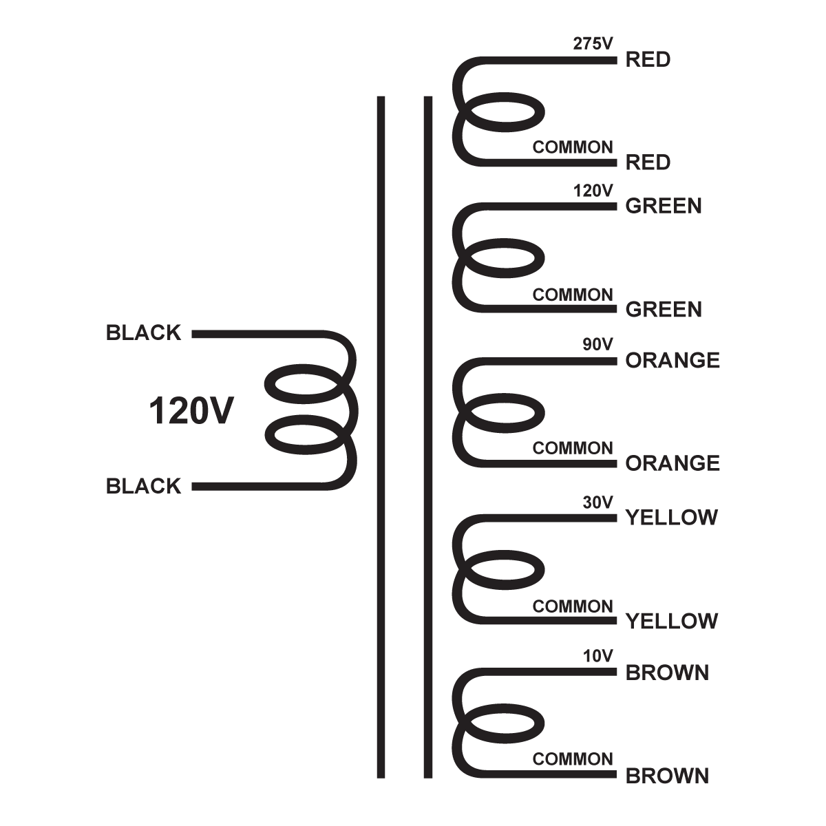 EDCOR Tube Power Transformer XPWR166-120 - 275V@800mA, 120V@60mA, 90V@60mA, 30V@2A, & 10V@3.5A - 120V, 60Hz. Schematic