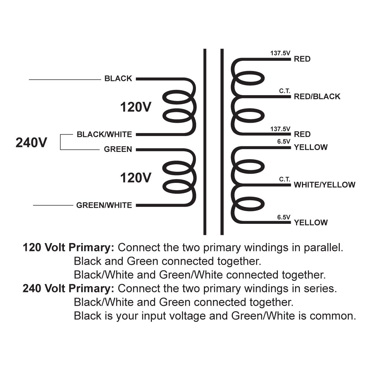 EDCOR Tube Power Transformer XPWR168-120/240 - 275V@125mA CT & 13V@900mA CT 120V/240V, 50/60Hz. Schematic