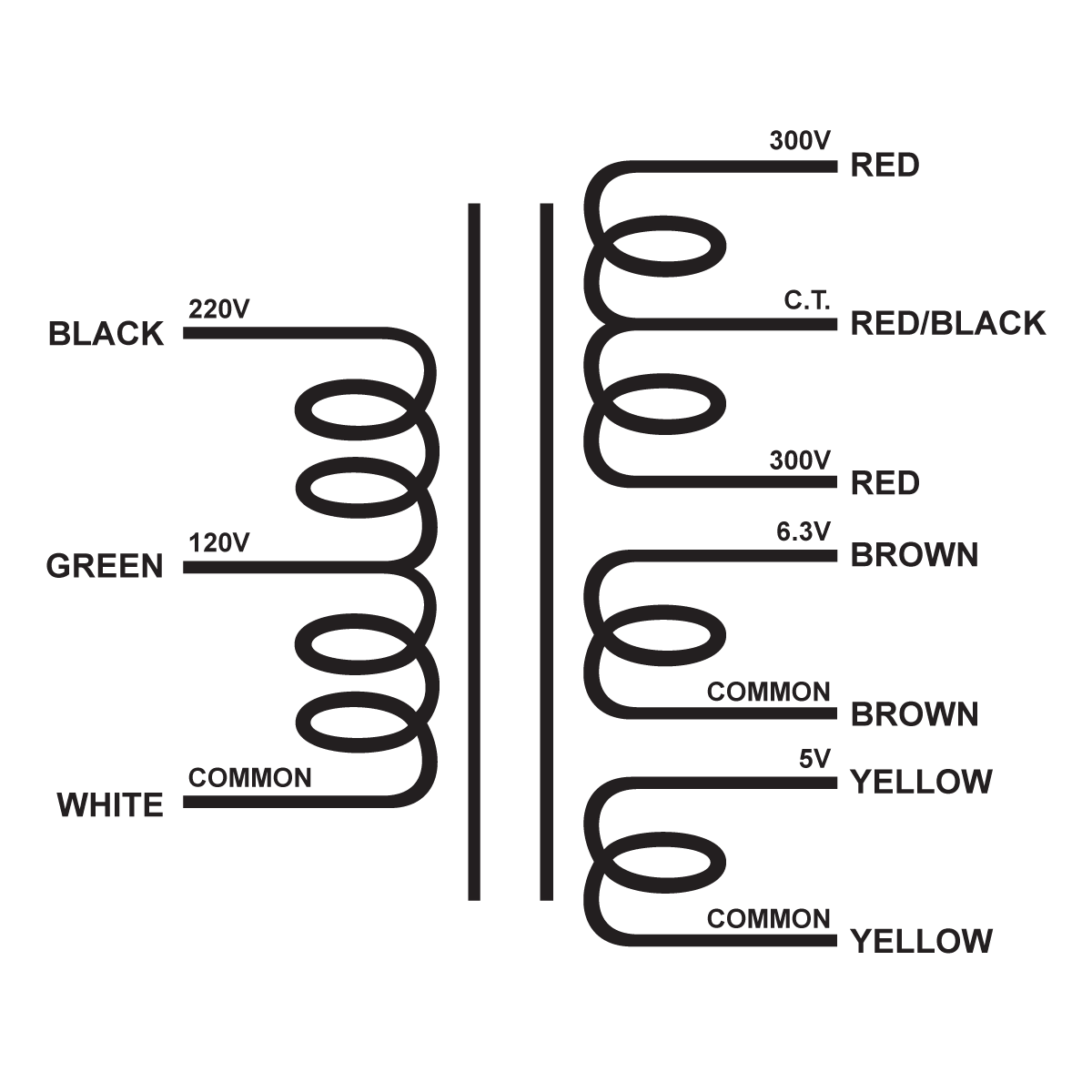 EDCOR Tube Power Transformer XPWR172-120/220 - 600@200mA CT, 6.3V@6A, & 5V@3A - 120V/220V, 50/60Hz. Schematic