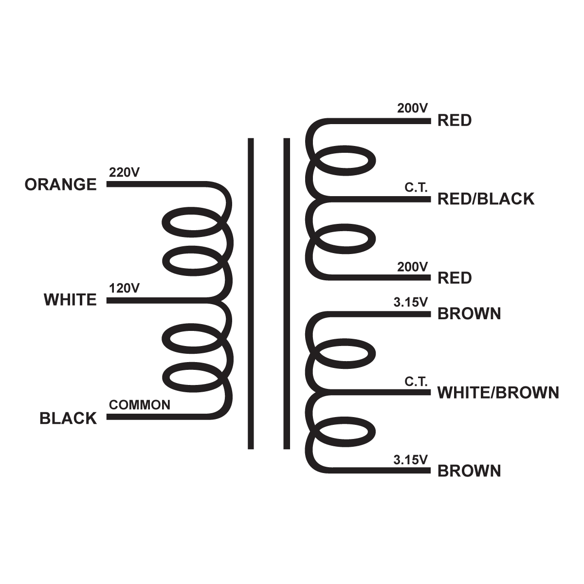 EDCOR Tube Power Transformer XPWR177-120-220 - 400V@70mA CT & 6.3V@2.5A CT  - 120V/220V, 50/60Hz. Schematic