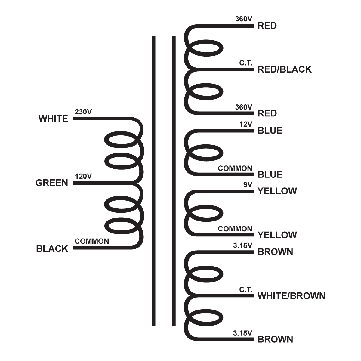 EDCOR Tube Power Transformer XPWR185-120/230 - 720V@110mA CT, 12V@1A, 9V@2A & 6.3V@600mA CT - 120V/230V, 50/60Hz. Schematic