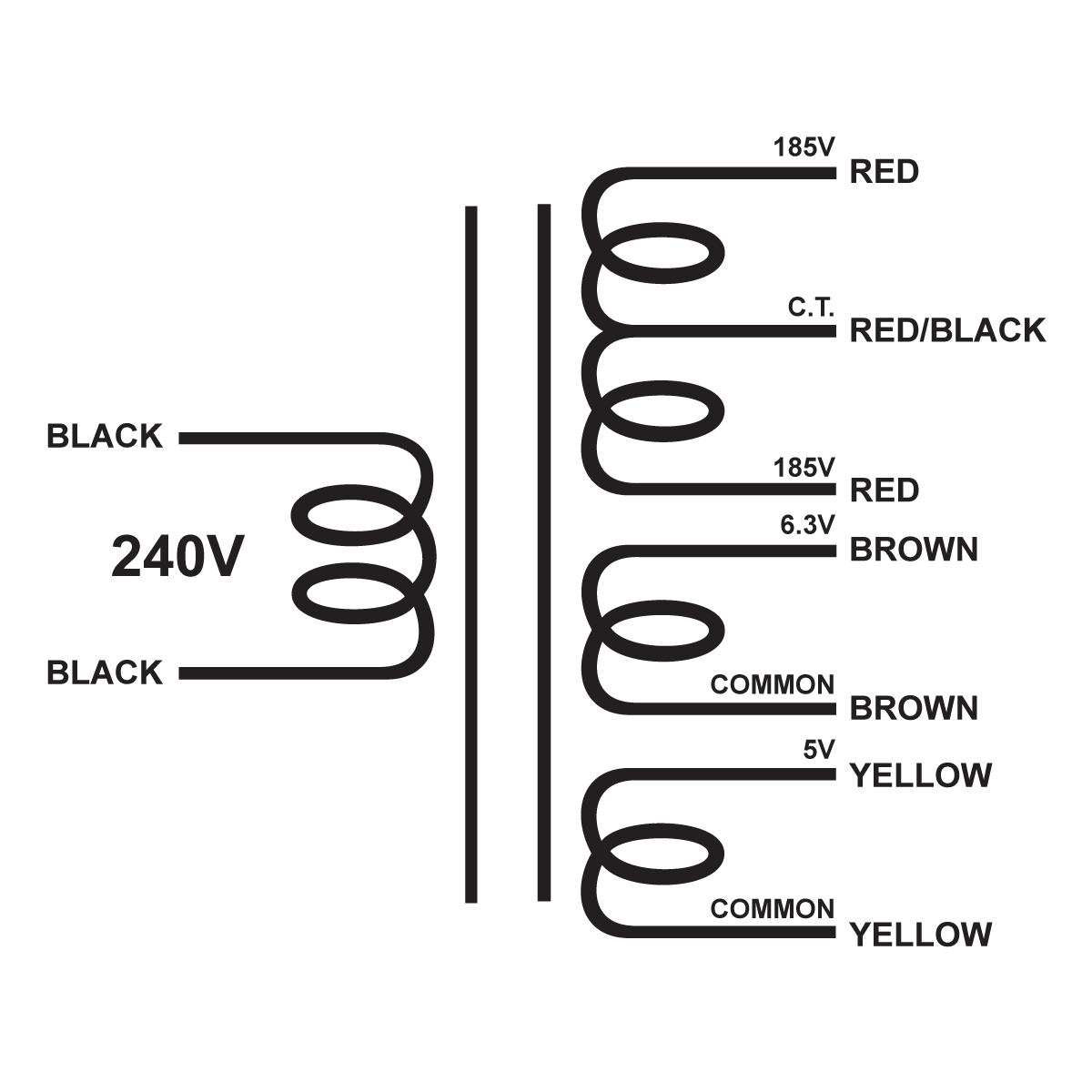 EDCOR Tube Power Transformer XPWR186-240 - 370V@200mA CT, 6.3V@4A & 5V @2A - 240V, 50/60Hz. Schematic