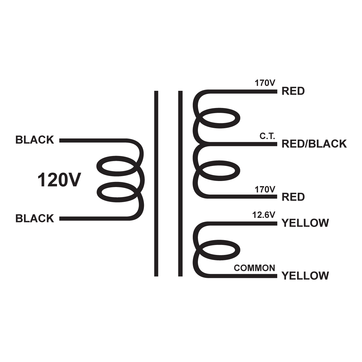 EDCOR Tube Power Transformer XPWR188-120 - 340V@500mA CT & 12.6V@3A - 120V, 60Hz. Schematic