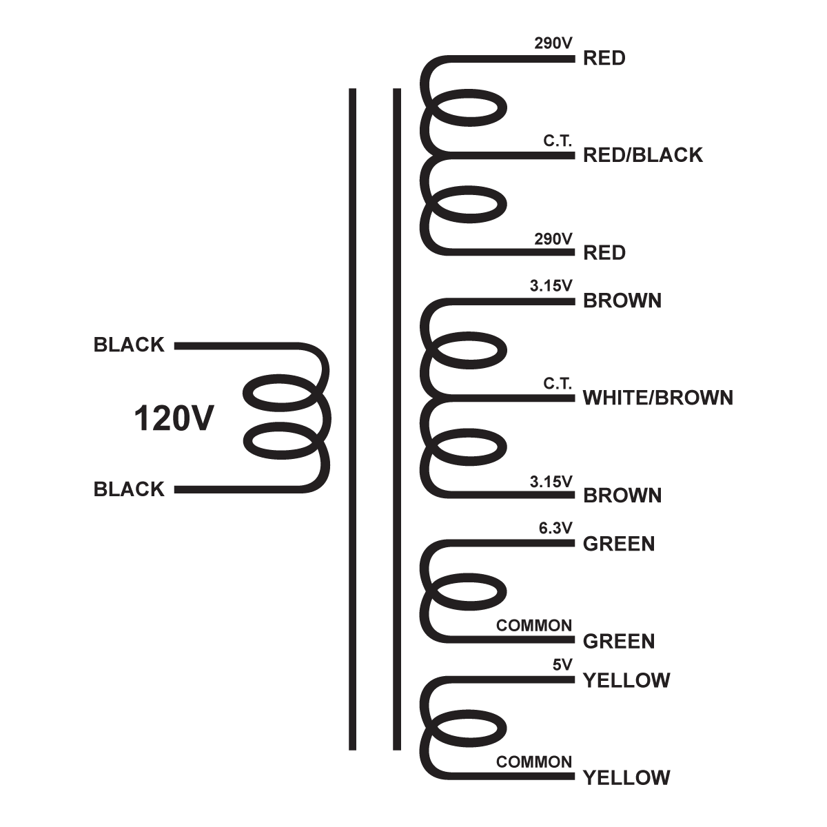 EDCOR Tube Power Transformer XPWR189-120 - 580V@120mA CT, 6.3V@3.25A CT, 6.3V@1A, & 5V@2A - 120V, 60Hz. Schematic