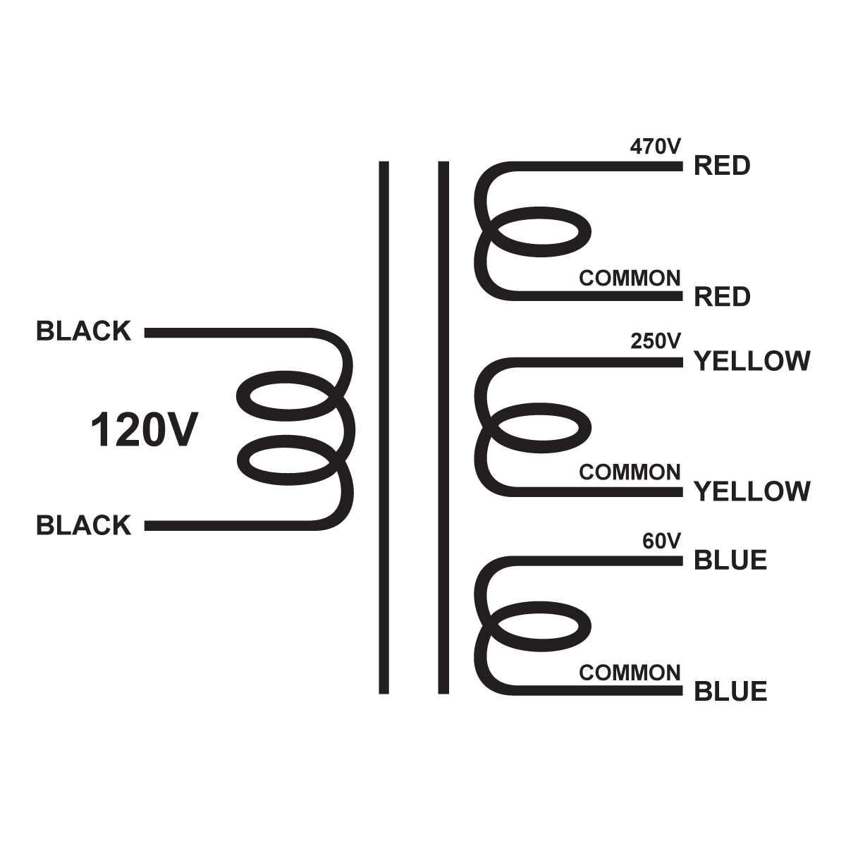 EDCOR Tube Power Transformer XPWR190-120 - 470V@350mA, 250V@80mA, & 60V@100mA - 120V, 60Hz. Schematic