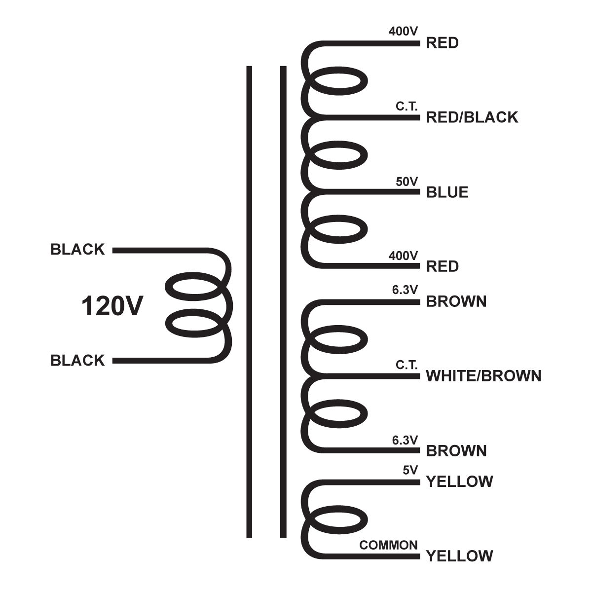 EDCOR Tube Power Transformer XPWR201-120 - 800V@300mA w/50V bias, 12.6V@3A CT, & 5V@3A - 120V, 60Hz. Schematic