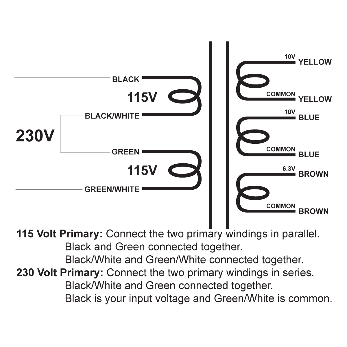 EDCOR Tube Power Transformer XPWR204-115/230 - 10V@4A, 10V@4A & 6.3V@4A - 115V/230V, 50/60Hz. Schematic