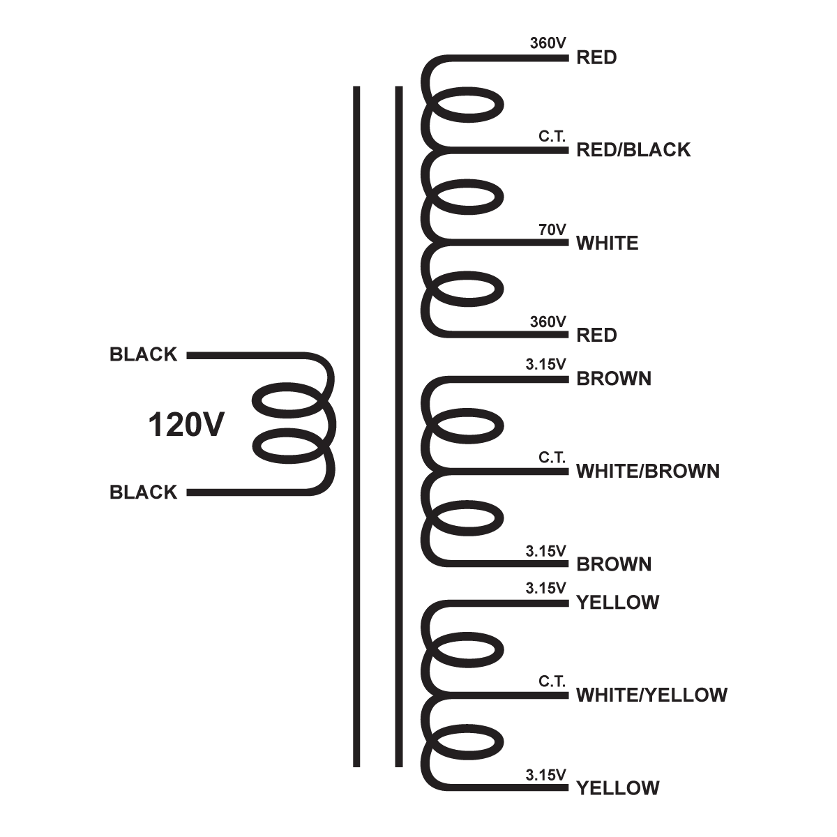 EDCOR Tube Power Transformer XPWR214-120 - 720@400mA CT w/70V bias, 6.3V@4A CT, & 6.3V@4A CT - 120V, 60Hz. Schematic