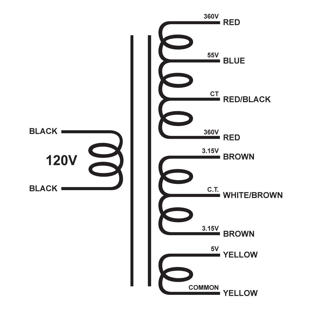 EDCOR Tube Power Transformer XPWR233-120 - 720V@300mA CT w/55V bias, 6.3V@5A CT, & 5V@4A - 120V, 60Hz. Schematic