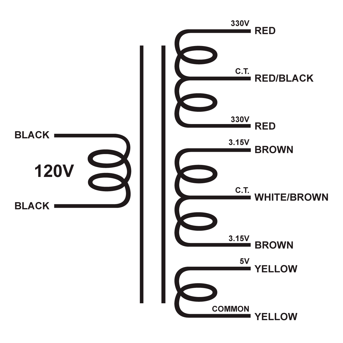 EDCOR Tube Power Transformer XPWR238-120 - 660@125mA CT, 6.3V@2A CT, & 5V@3A - 120V, 60Hz. Schematic
